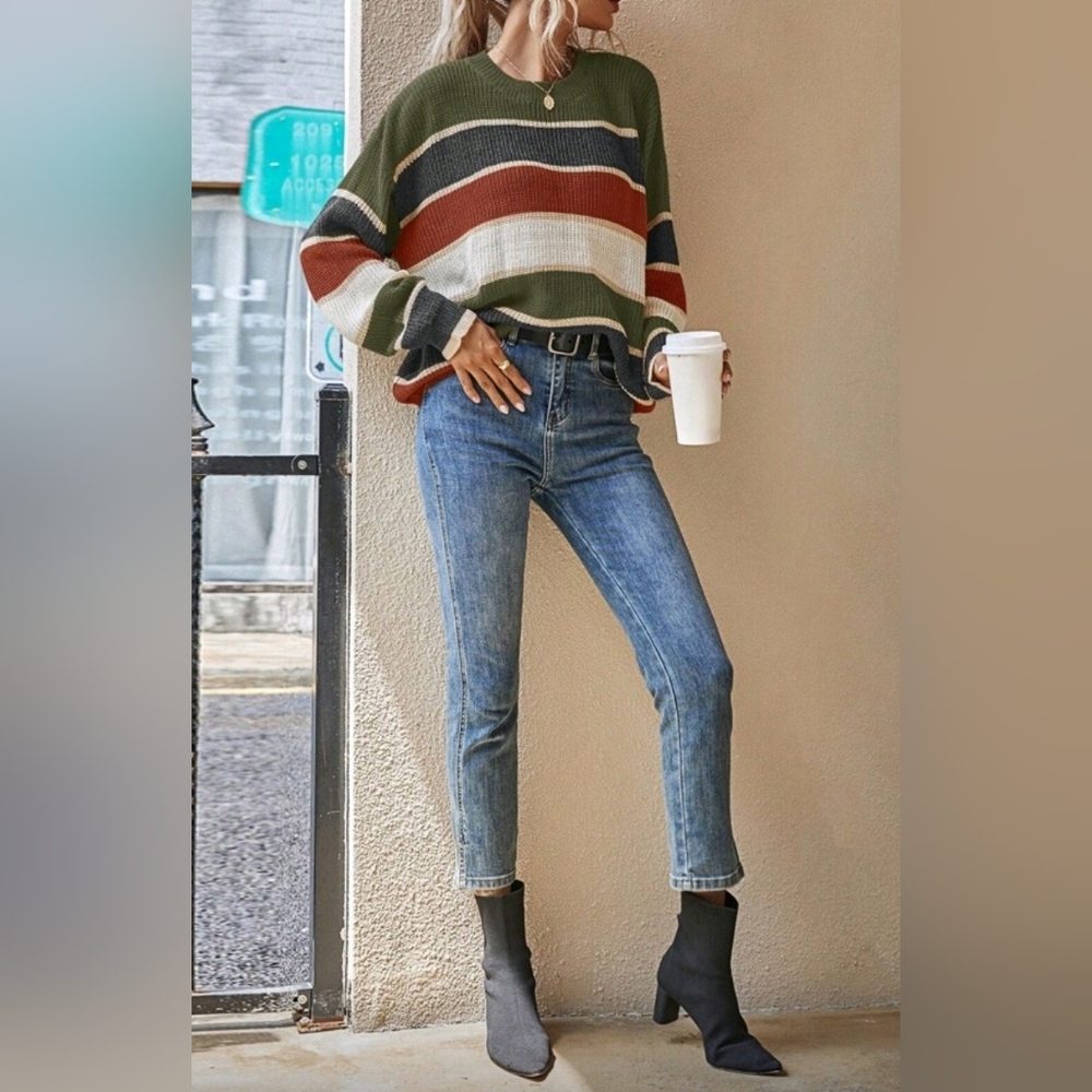New Oversize Casual Multi Stripe Loose Sweater Top Green Rust Cream - Picture 1 of 8